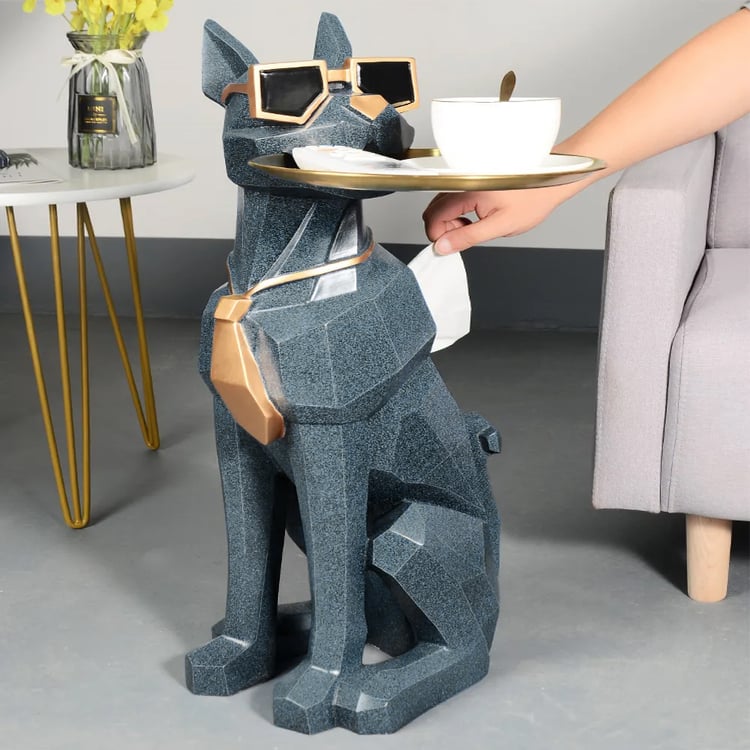 Dog Sculpture Resin Side Table with Tray Top & Tissue Box