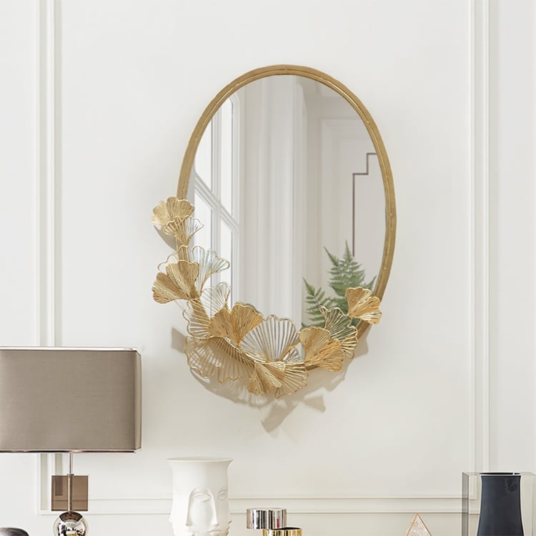 Miroir mural ovale Glam à feuilles de ginkgo creuses de 860 mm avec cadre en métal doré pour chambre à coucher