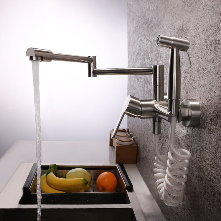 Modern Retractable Wall-mounted Pot Filler Brushed Nickel Kitchen Faucet with Spray