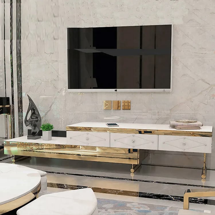 Witte tv-standaard Uitschuifbare entertainmentkast met 3 lades van gehard glas in goud