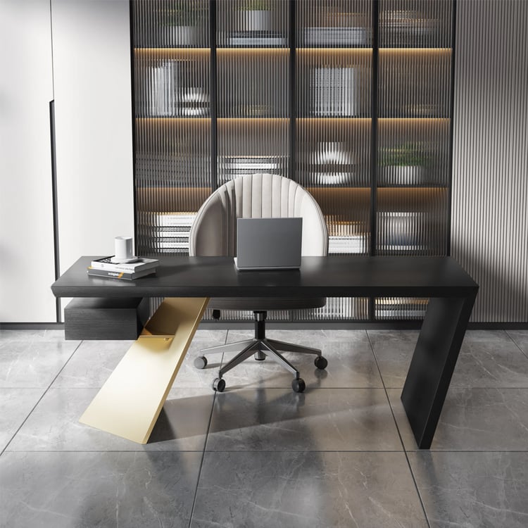 Bureau rectangulaire moderne de 160 cm en bois d'hévéa avec tiroir et piètement doré noir