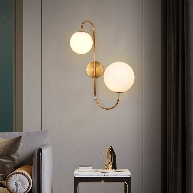 Modern Wall Sconce White Globe Glass Shade 2-Light Wall Lamp in Aged Brass