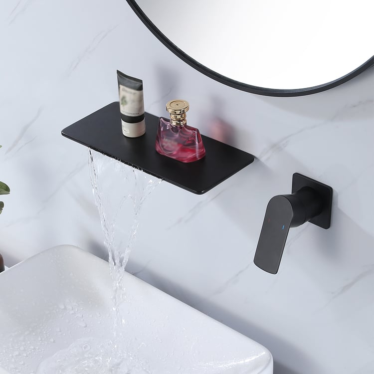 Waterfall Wall Mount Matte Black Single Lever Handle Bathroom Basin Tap Solid Brass