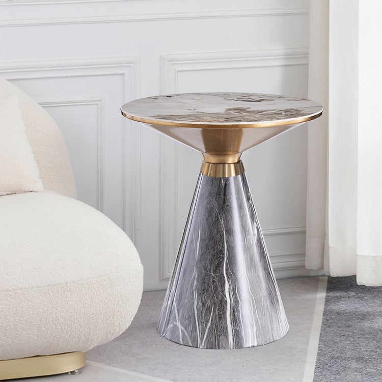 Modern 56 cm Grey & Gold Pedestal End Table with Sintered Stone Top