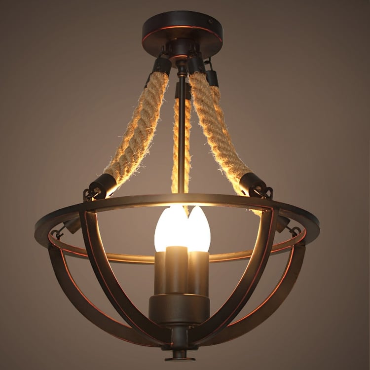 Rustique Suspension Lumière Pendante 3-Ampoules Bougies Panier en Fer Corde de Chanvre Semi Encastré