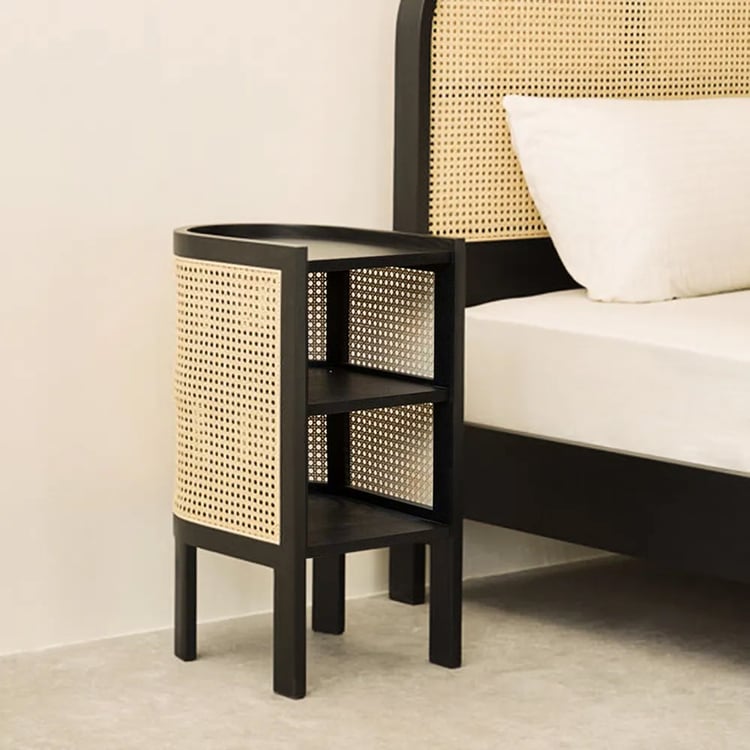 Table de chevet en rotin semi-circulaire noire 620 mm avec 1 étagère