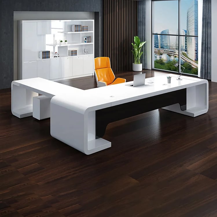 94.5" L-Shaped Modern Executive Desk of Right Hand with Drawers in White & Black