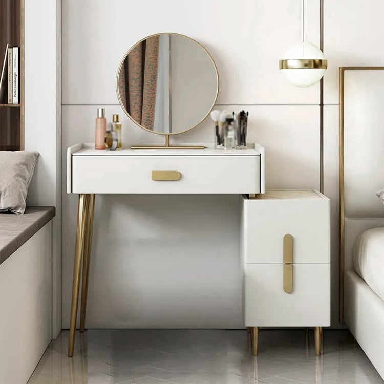 Inarrow Modern Off-white Makeup Vanity Table with Mirror & Side Table