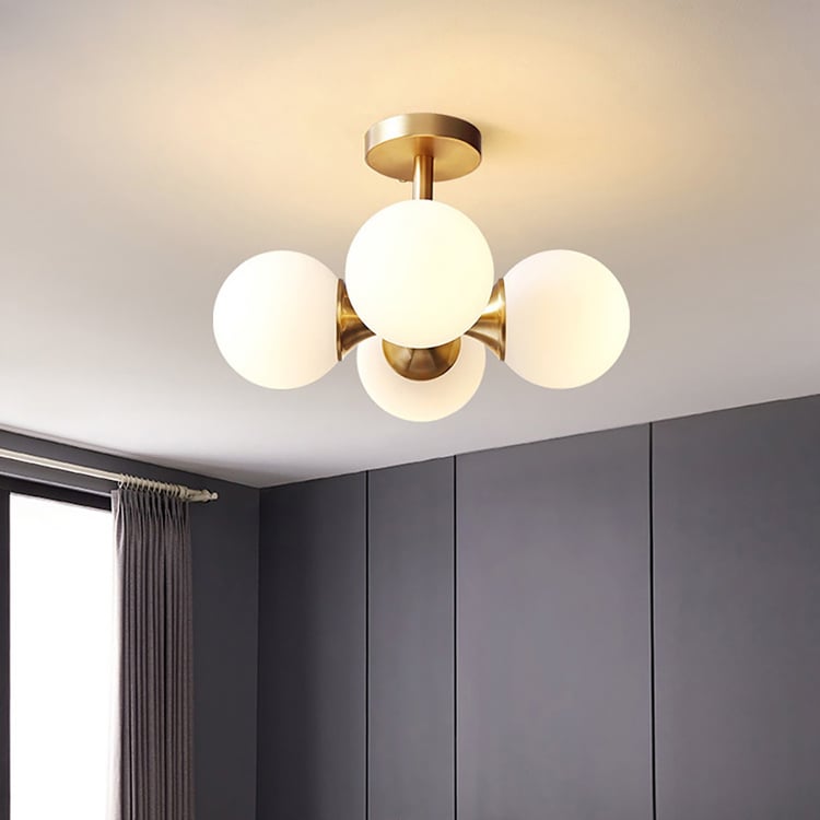 Brass 4-Light Semi-Flush Mount Ceiling Light Globe Shade Mini Chandelier Ceiling Light