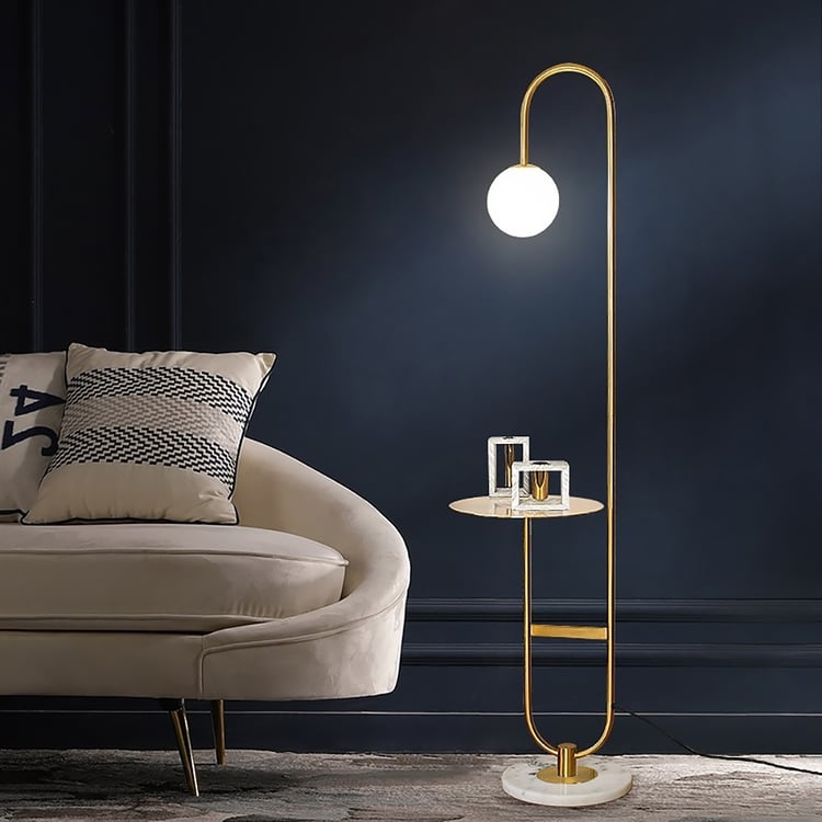 Globeal 60" Modern Arc Floor Lamp with Shelf in Gold with Glass Shade & Marble Base
