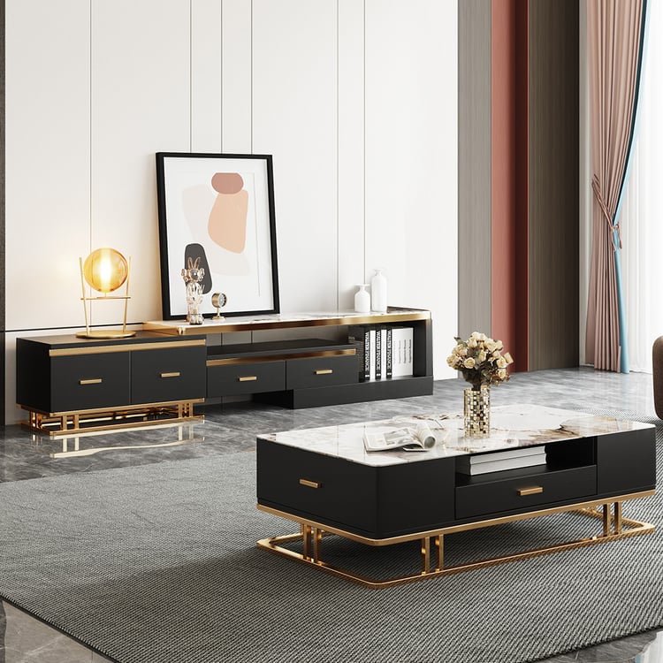 Stonesk Modern TV Stand & Coffee Table Set for 100" TV in Black with Drawers