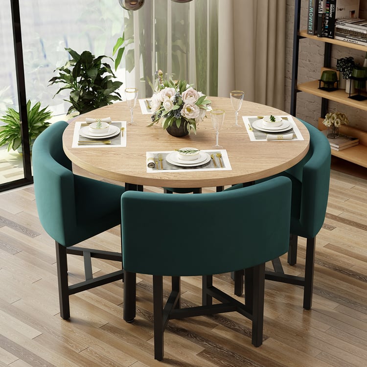 1000mm Round Wooden Nesting Dining Table Set for 4 Green Upholstered Chairs