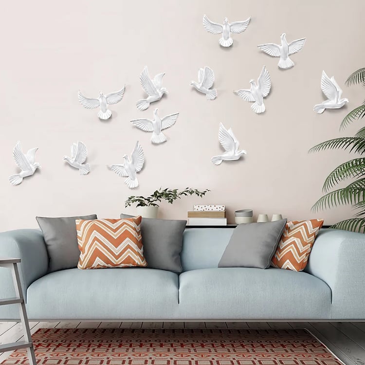 6 Pieces White Resin Flocking Birds Wall Decor Set for Living Room - DIY Combination