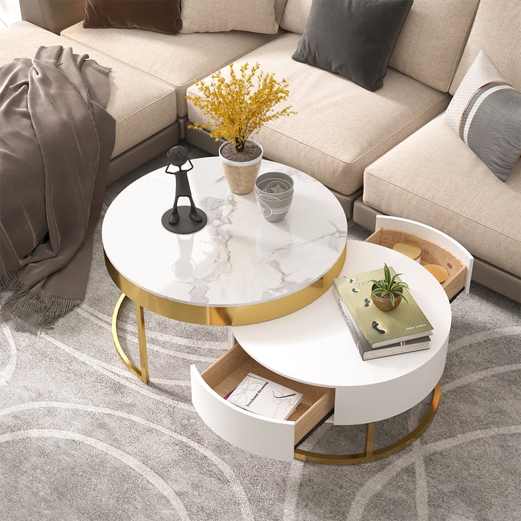 Table basse ronde moderne en bois Nesnesis avec plateau relevable et tiroirs
