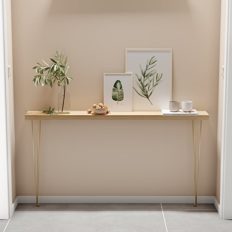 1500 mm rustieke, smalle rechthoekige consoletafel met houten blad en metalen poten