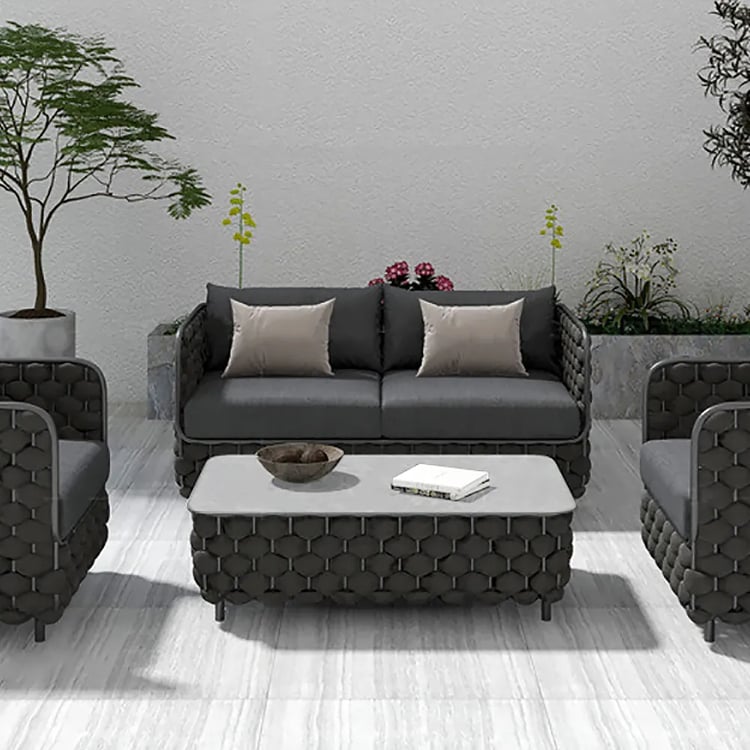 Martic Modern Aluminium & Rope & Faux Marble Top Outdoor Patio Coffee Table in Black