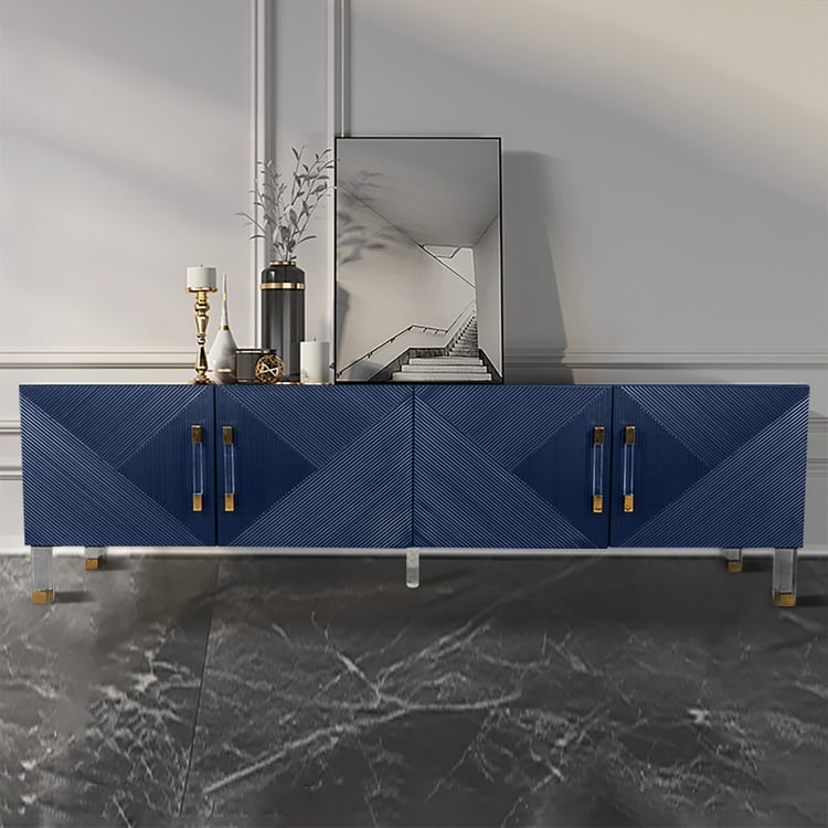 Mueble TV con frente acanalado y patas acrílicas de 200 cm en color azul