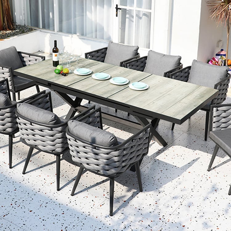 Gray & Black Mid-Century Modern Rectangular Extendable Dining Table for 6, Outdoor Patio