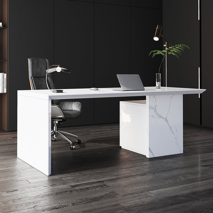 Modern white desk with marble and MDF veneer and file cabinet