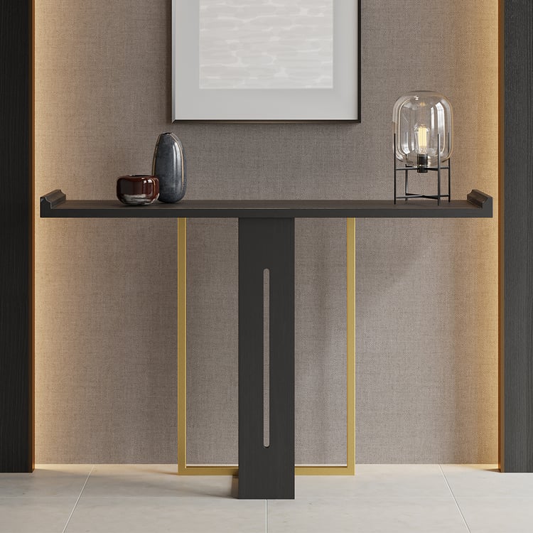 Console étroite de 1000 mm pour couloir, foyer, bois massif noir et métal doré