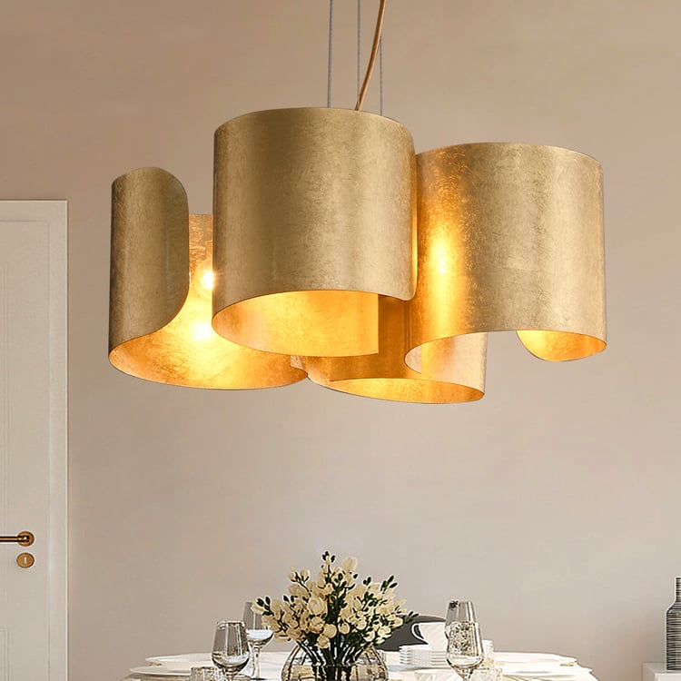 Glam Gold Chandelier 4-Light Drum Pendant Light Unique Scrolled Shape