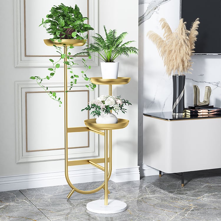 3 Tier Tall Metal Standing Plant Stand Unique Shaped Planter in Gold for Living Room