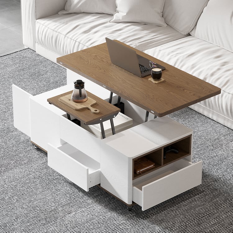 Modern multifunctional lifting coffee table with 3 drawers, in white and walnut
