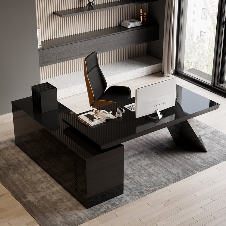 Modern Black L-Shape Executive Desk with Drawers & Cabinet Right Hand (1800mm)