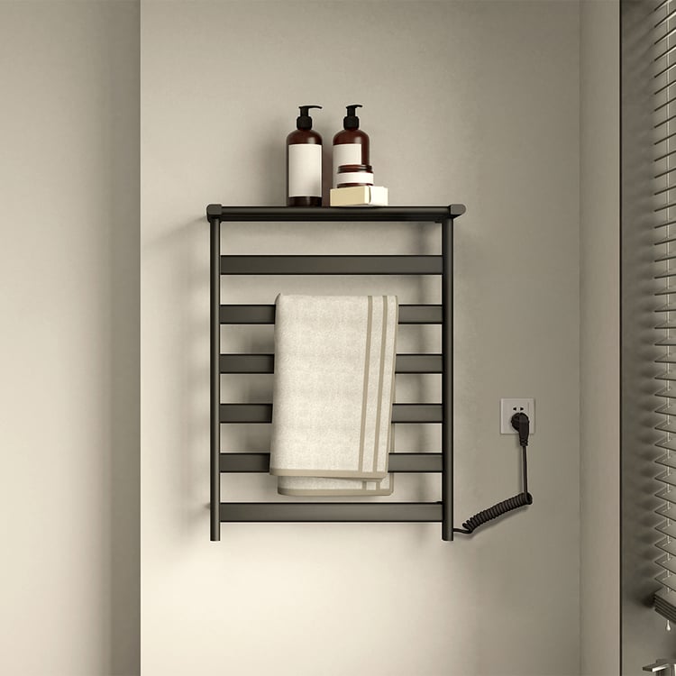 Black Wall-Mount Electric Towel Warmer Heated Towel Rack with Top Shelf Stainless Steel