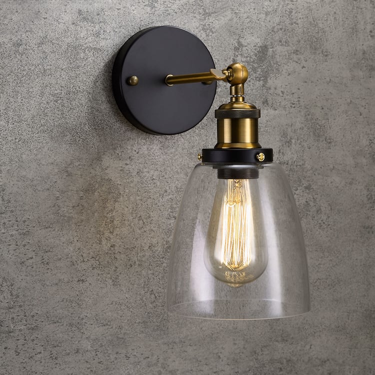 Průmyslová nástěnná lampa z čirého skla s kovovou základnou s otočným ramenem a jednorázová žárovka Edison