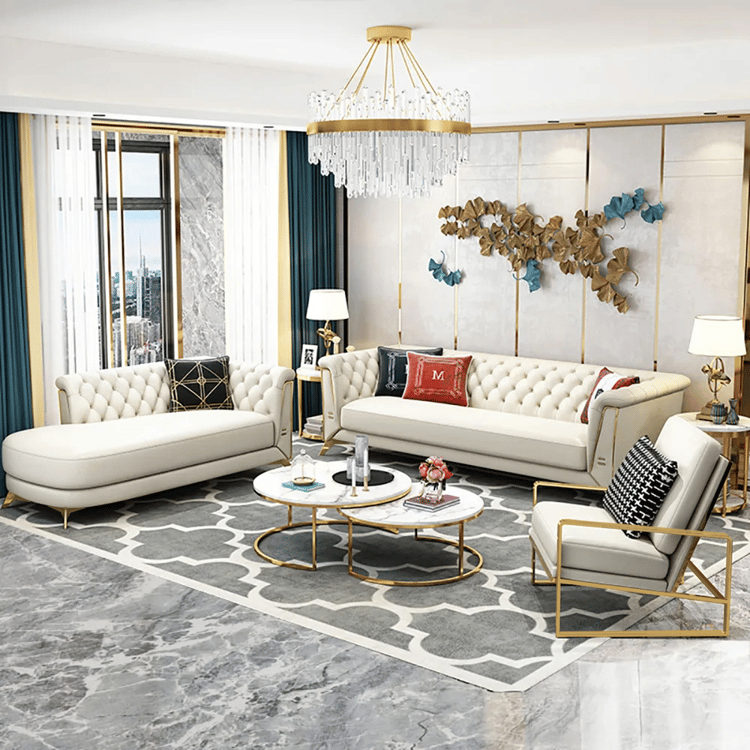 3 Piece Modern Living Room Set Chesterfield Sofa with Chaise and Chair in Off-White