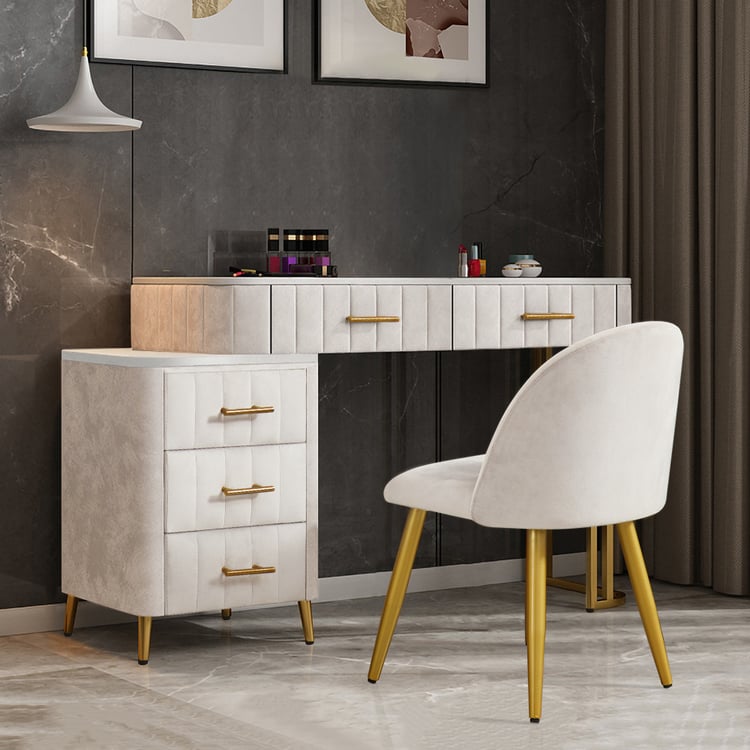 Modern White Velvet Makeup Vanity Expandable Dressing Table with Cabinet & Chair