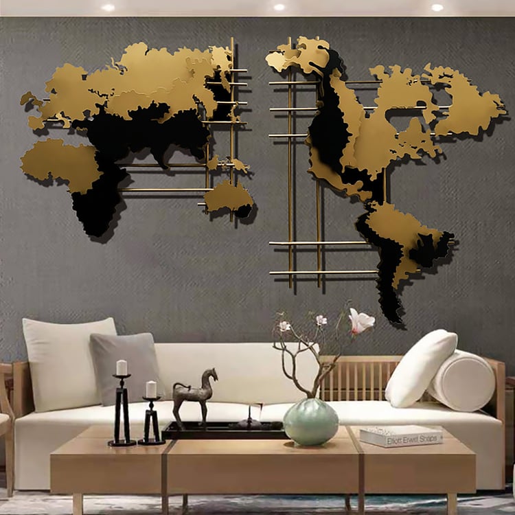47.2" Modern 3D Gold & Black Metal World Map Home Wall Decor Art in Living Room
