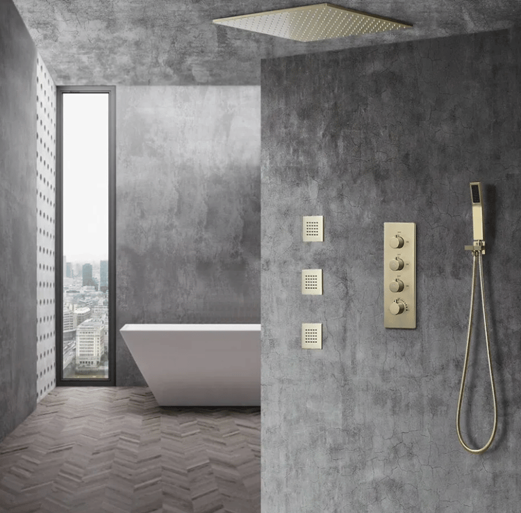 16" Thermostatic Rain Shower System with Hand Shower & 3 Body Jet Sprays in Brushed Gold