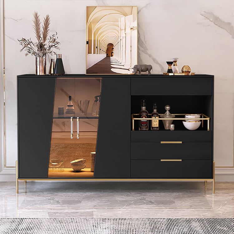 Dolawn Modern 1400mm Black Sideboard Buffet Tempered Glass Doors & Shelf Tray Wine Rack