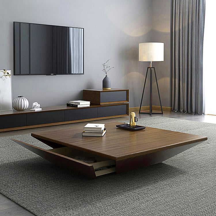 Modern square walnut-colored wooden coffee table with drawer