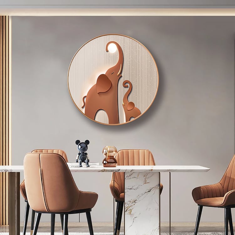 Realid Modern Round Elephant Wall Decor for Living Room Cute Painting with Frame Brown