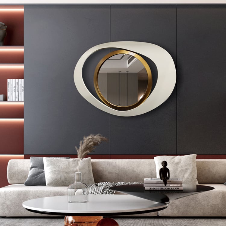 Modern Warm White & Gold Geometric Wall Mirror Decor for Living Room Bedroom