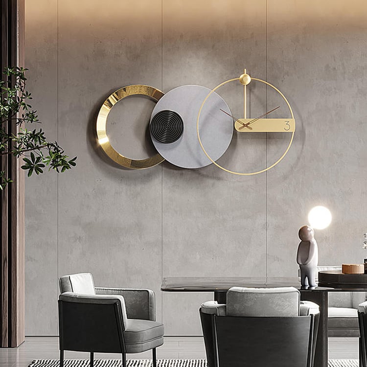Reloj de pared grande redondo gris y dorado de 840 mm x 450 mm con puntero de madera, arte moderno para decoración del hogar