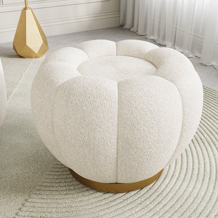 Pouf Bouclé Blanc Crème Moderne en Forme de Citrouille 600mm de Diamètre