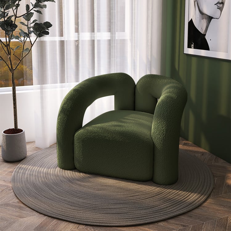 Fauteuil d'appoint vert foncé Japandi de Bouclé, fauteuil en peluche pour salon