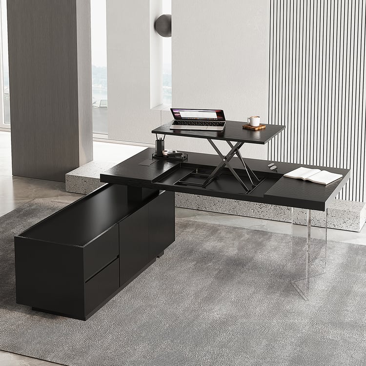 Scrivania direzionale moderna nera a forma di L da 71,5" con armadietto laterale
