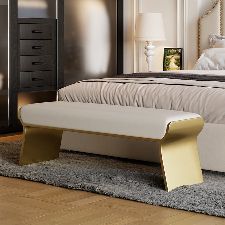 Banc moderne Upart en acier inoxydable beige Leath-Aire, banc long de chambre à coucher rembourré