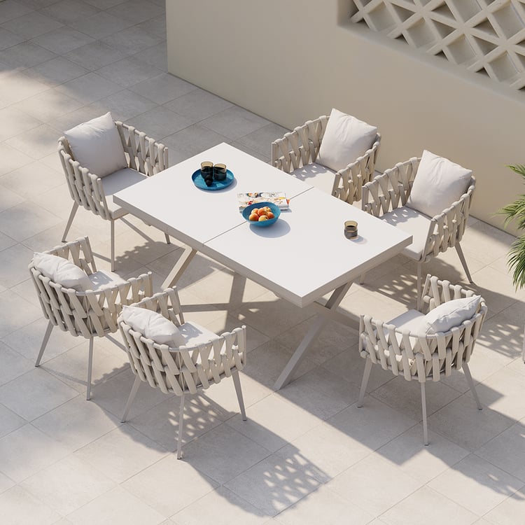 Set da pranzo da giardino allungabile resistente alle intemperie a 6 posti in bianco in alluminio e rattan
