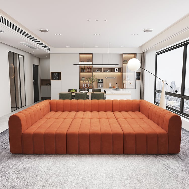 3020mm Velvet Convertible Modular Sectional Sofa Orange Upholstered 6-Seater Sofa Set