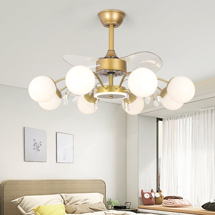 9-Light Gold Chandelier Bladeless Ceiling Fans with Light in Glass Shade Remote Control