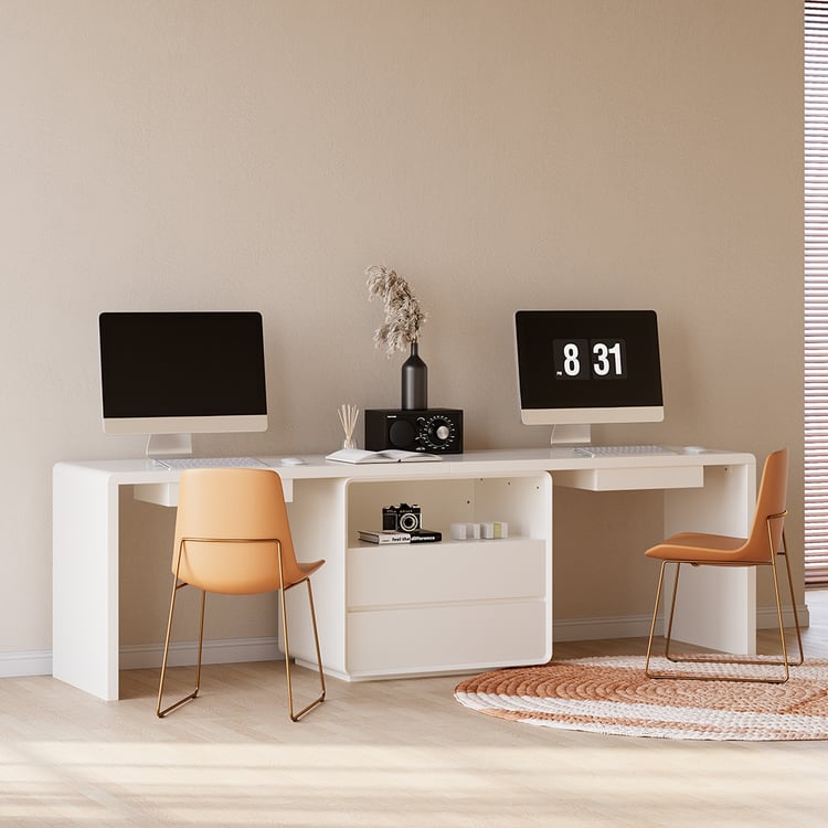 Modern rectangular white double straight desk with 4 drawers, 240 cm for 2 people