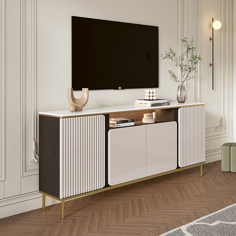 Meuble TV beige haut en pierre frittée de 1800 mm avec 4 portes et 5 étagères