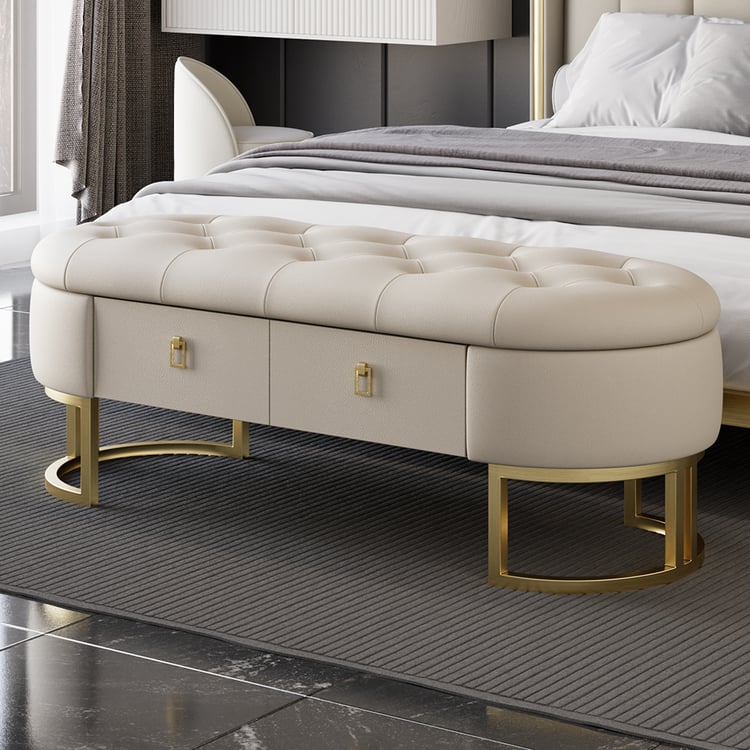 Banc de rangement capitonné moderne pour chambre à coucher beige avec 2 tiroirs en cuir