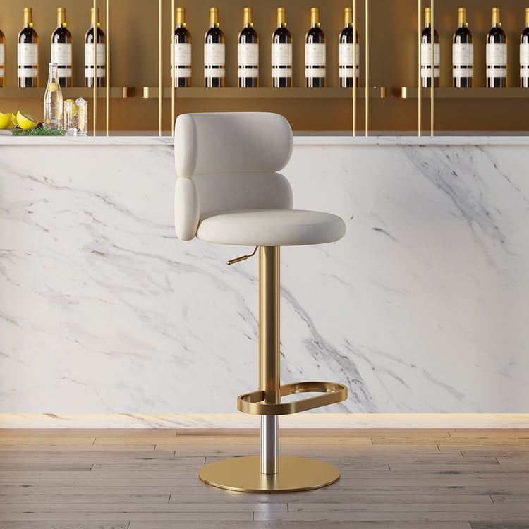 Swivel Bar Stool for Kitchen Island Curved Warm White Velvet Adjustable Height in Gold